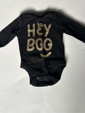 🍼5/$20🍼 Hey Boo Black Long-Sleeve Baby One-Piece with Gold Lettering